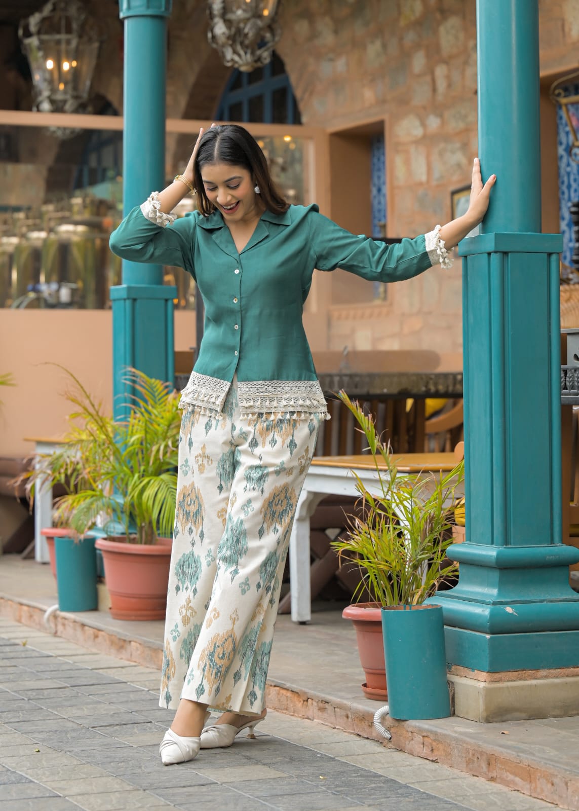 Emerald Green Crape Shirt Style Top with Printed Flex Palazzo