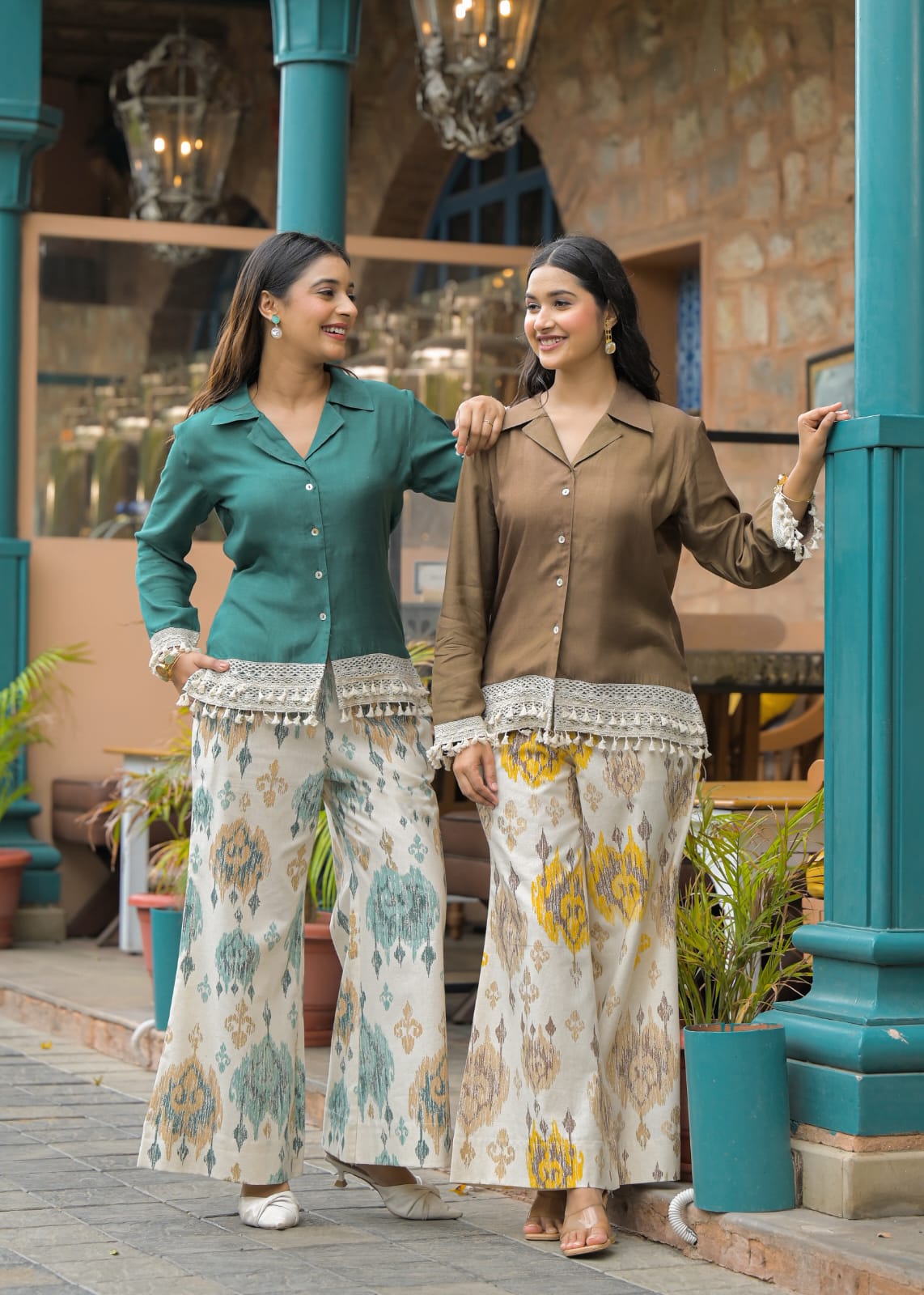 Emerald Green Crape Shirt Style Top with Printed Flex Palazzo