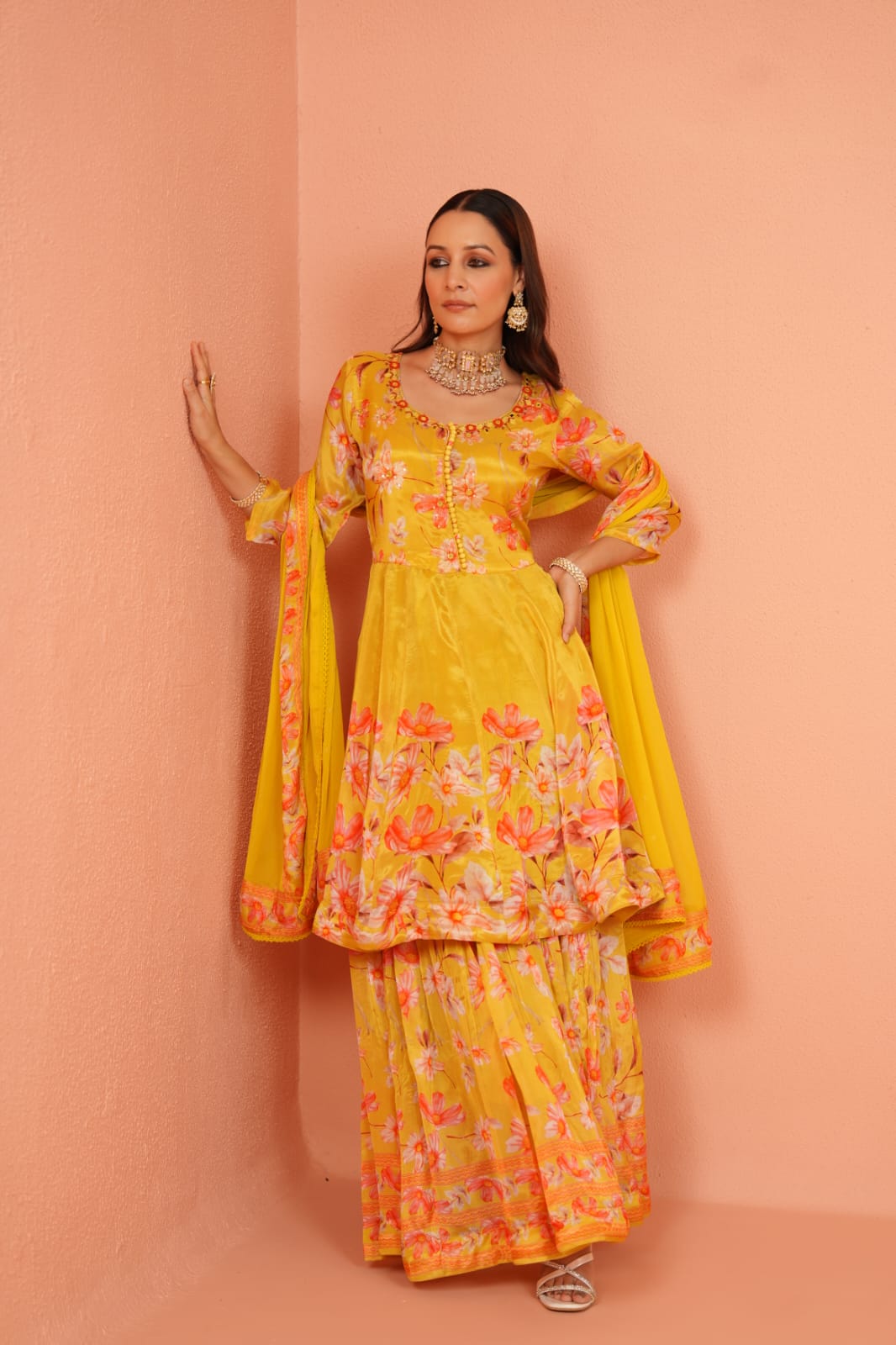 Floral Chinon Anarkali Kurti with Full-Length Skirt – Party Wear Set