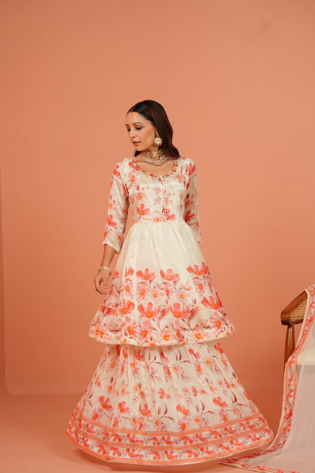 Floral Chinon Anarkali Kurti with Full-Length Skirt – Party Wear Set