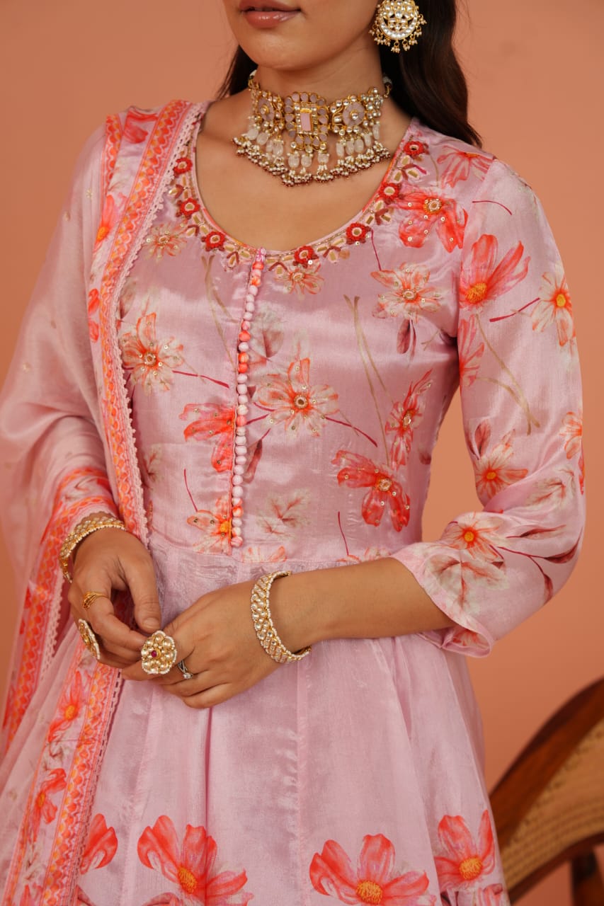 Floral Chinon Anarkali Kurti with Full-Length Skirt – Party Wear Set