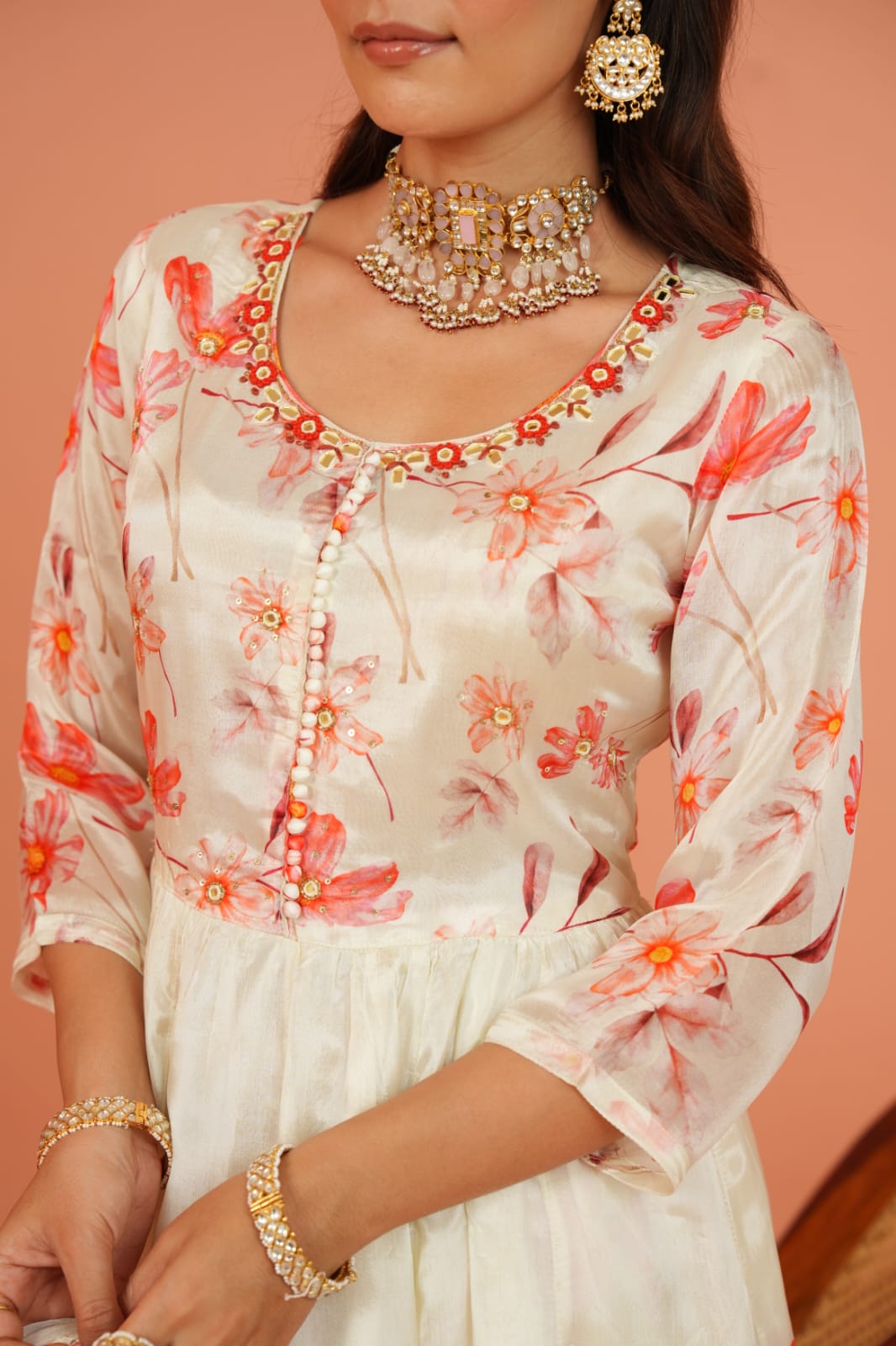 Floral Chinon Anarkali Kurti with Full-Length Skirt – Party Wear Set