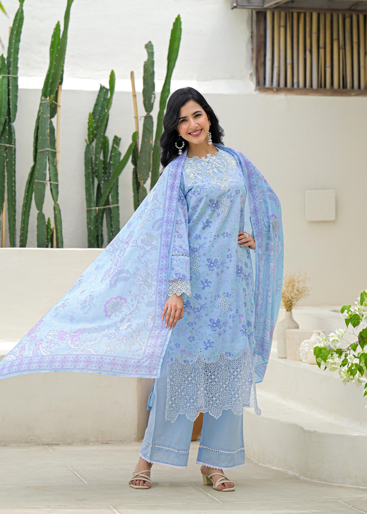 Sky Blue Premium Cotton Suit with Elegant Lace Work