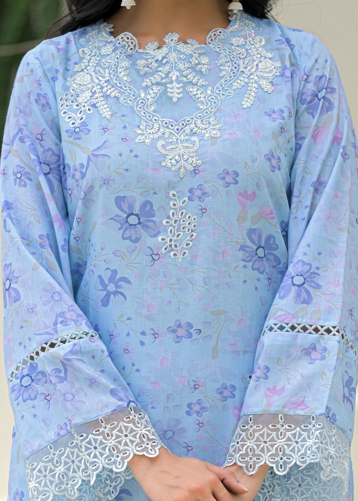Sky Blue Premium Cotton Suit with Elegant Lace Work