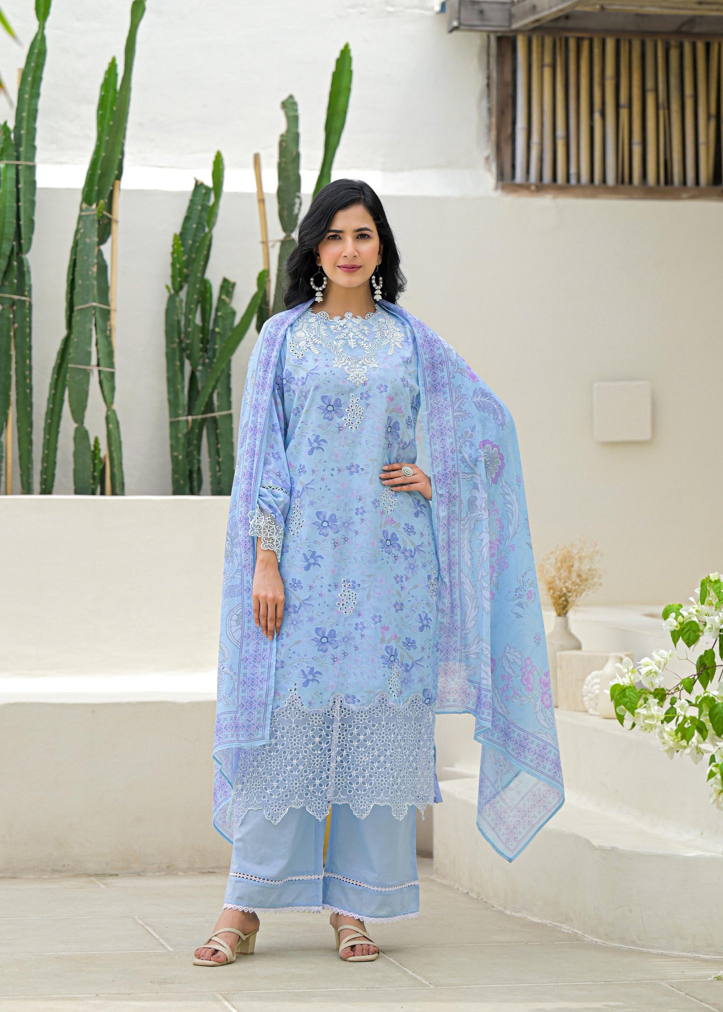 Sky Blue Premium Cotton Suit with Elegant Lace Work