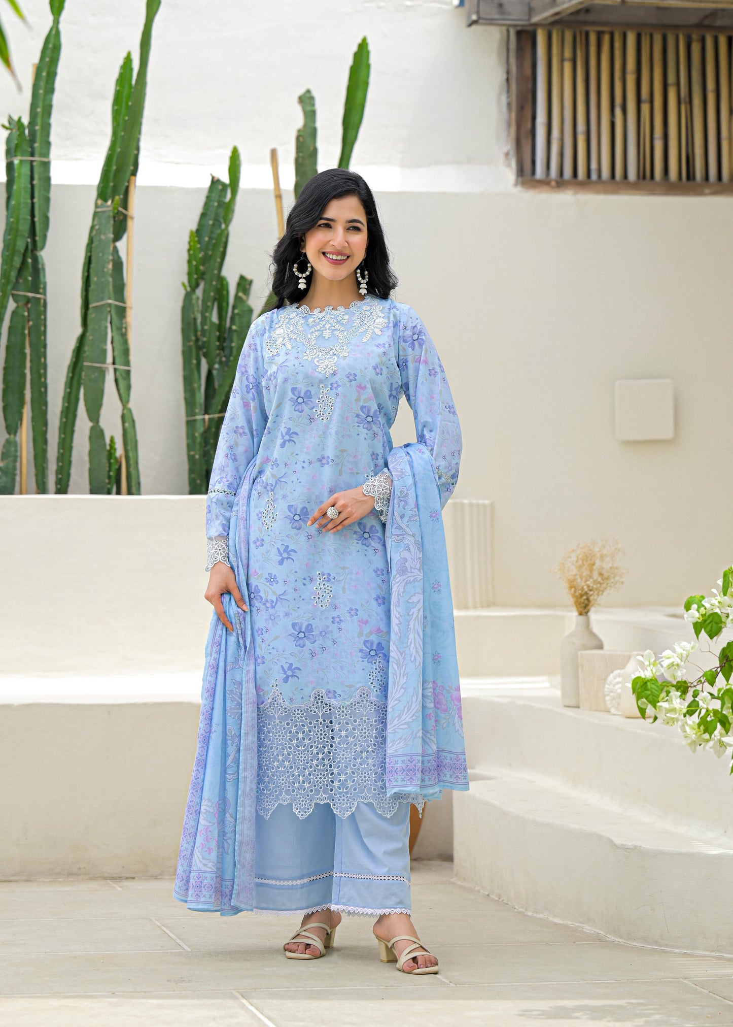 Sky Blue Premium Cotton Suit with Elegant Lace Work