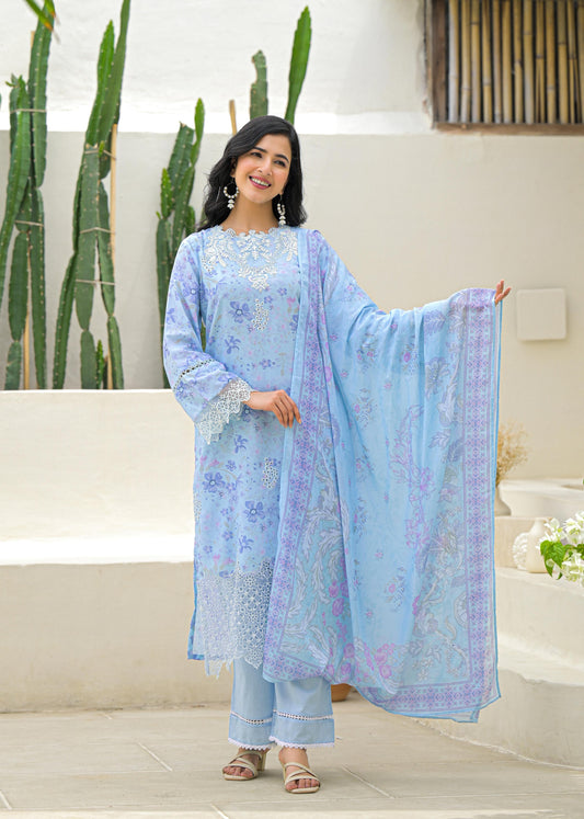 Sky Blue Premium Cotton Suit with Elegant Lace Work