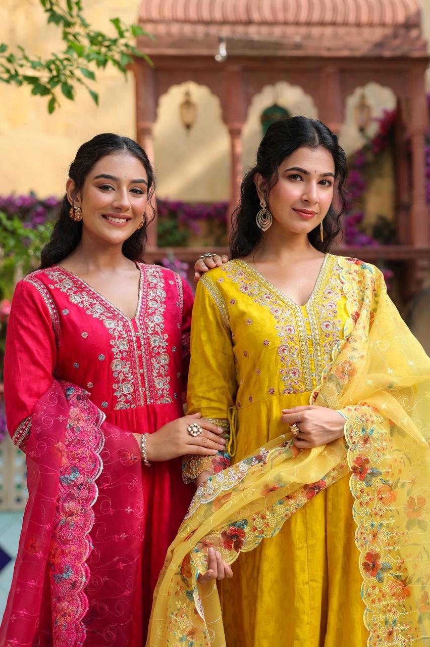 Elegant Yellow Cotton Gown with Digital Print, Lace Detailing & Heavy Embroidery