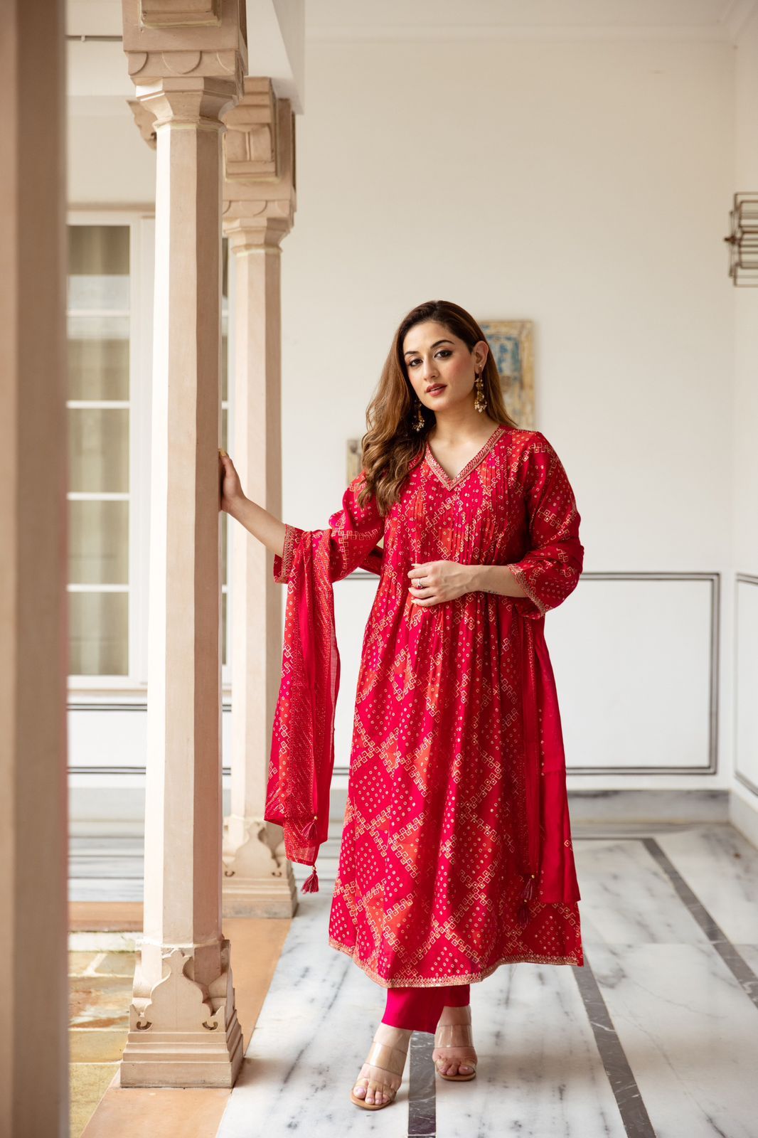Chic Red Chunari Print Suit Set with V-Neck – Ideal for Casual and Party Wear in Modal Maslin Fabric