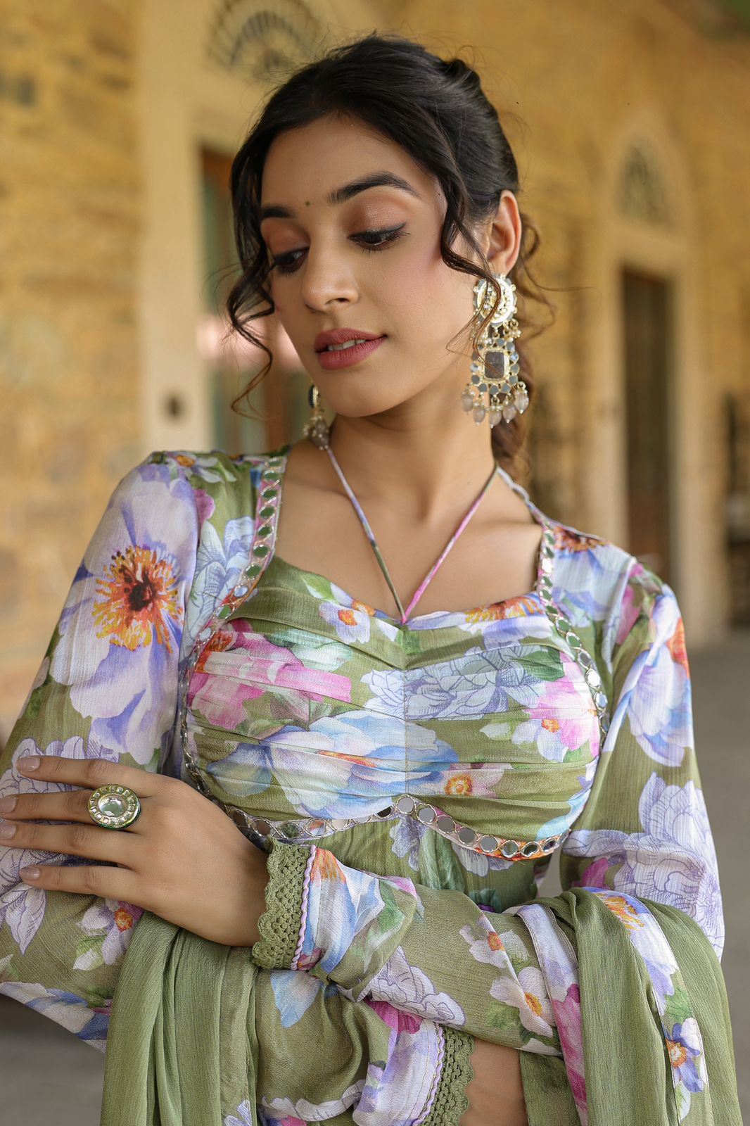 Elegant Green Floral Suit Set in Chinon Fabric with Mirror Work & Full Sleeves