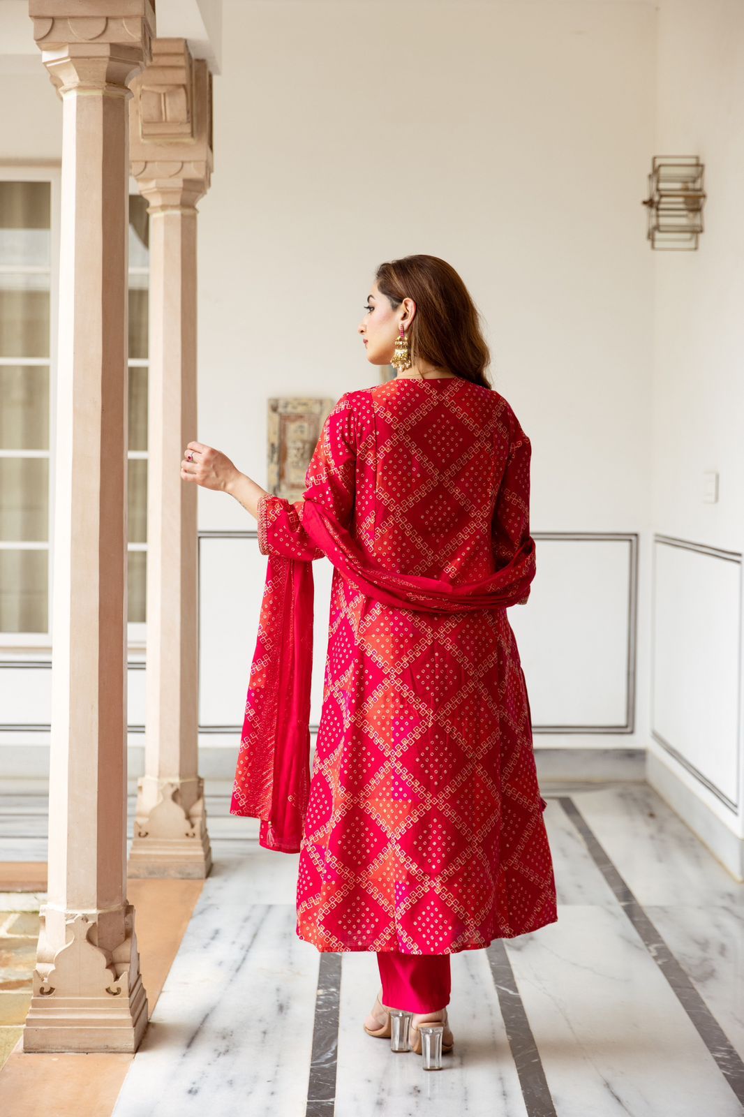 Chic Red Chunari Print Suit Set with V-Neck – Ideal for Casual and Party Wear in Modal Maslin Fabric