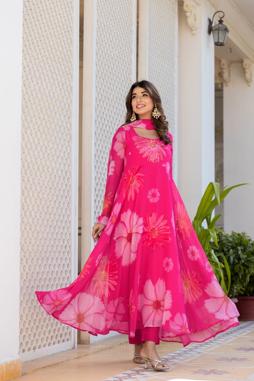 Graceful Pink Floral Chiffon Gown with Full Sleeves