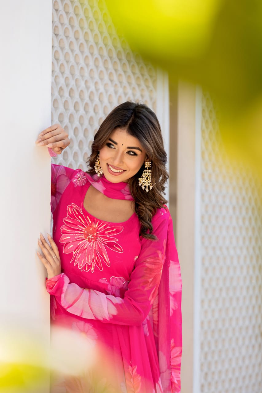 Graceful Pink Floral Chiffon Gown with Full Sleeves