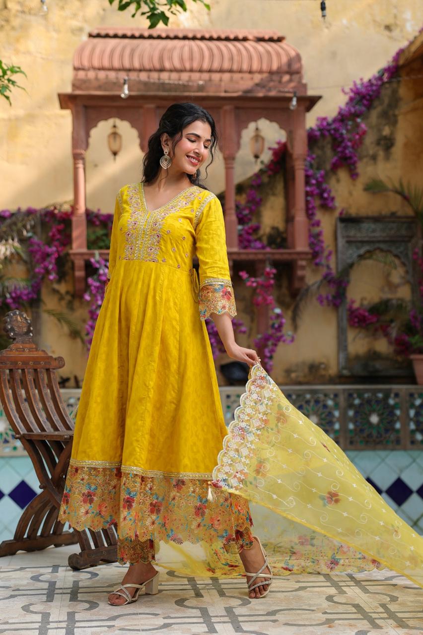Elegant Yellow Cotton Gown with Digital Print, Lace Detailing & Heavy Embroidery