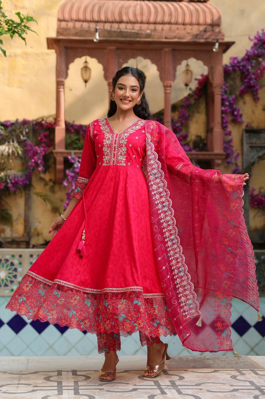Pink Cotton Gown with Digital Print, Lace Detailing & Heavy Embroidery