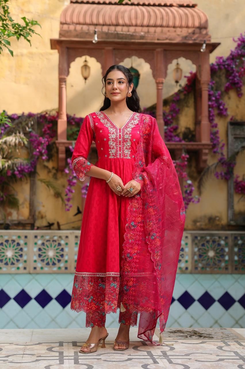 Pink Cotton Gown with Digital Print, Lace Detailing & Heavy Embroidery