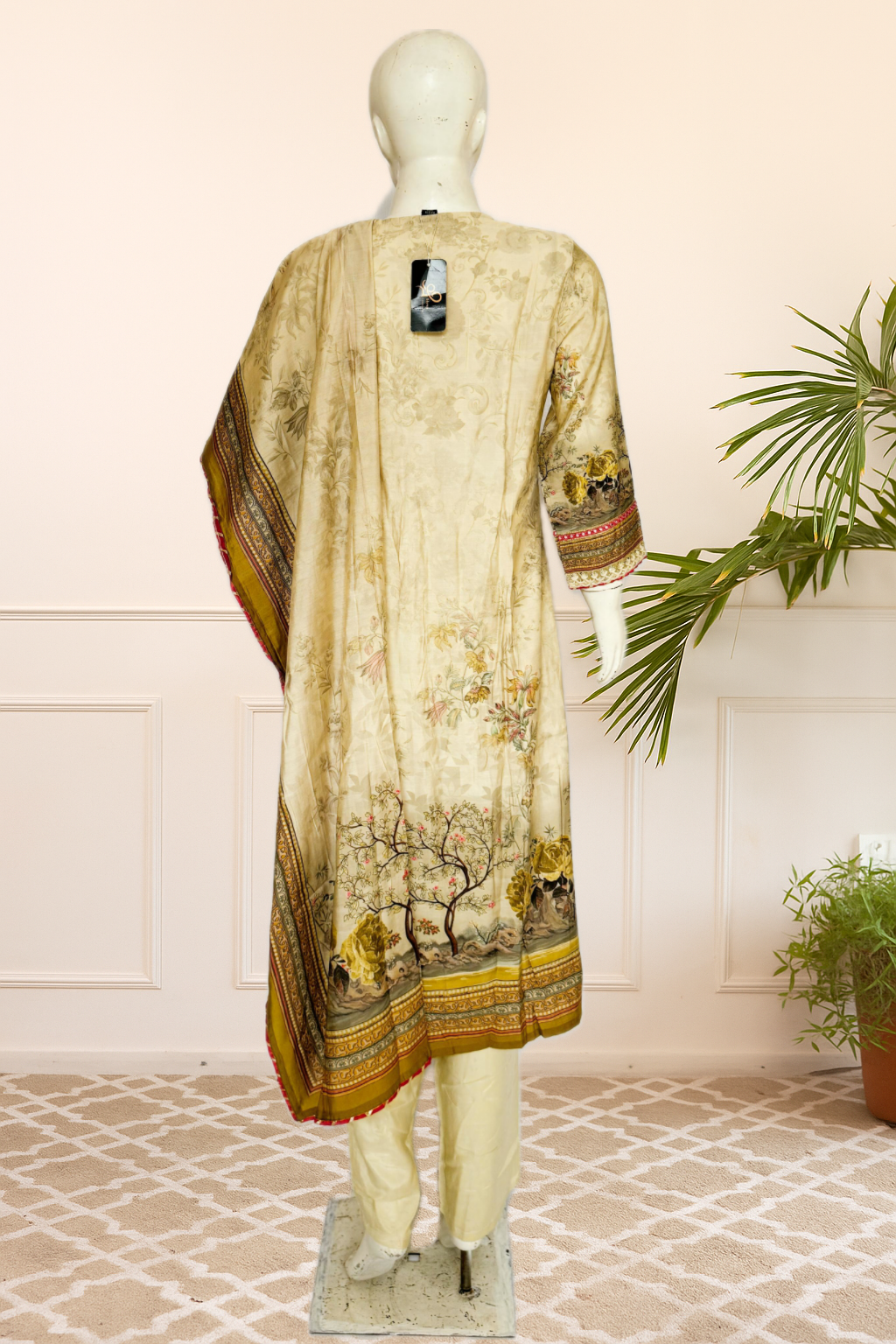 Beige Floral Fully Stitched Suit Set with Printed Dupatta