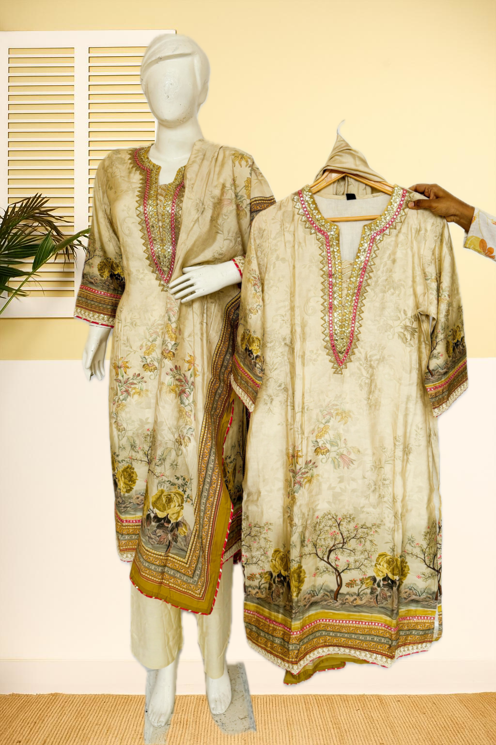 Beige Floral Fully Stitched Suit Set with Printed Dupatta