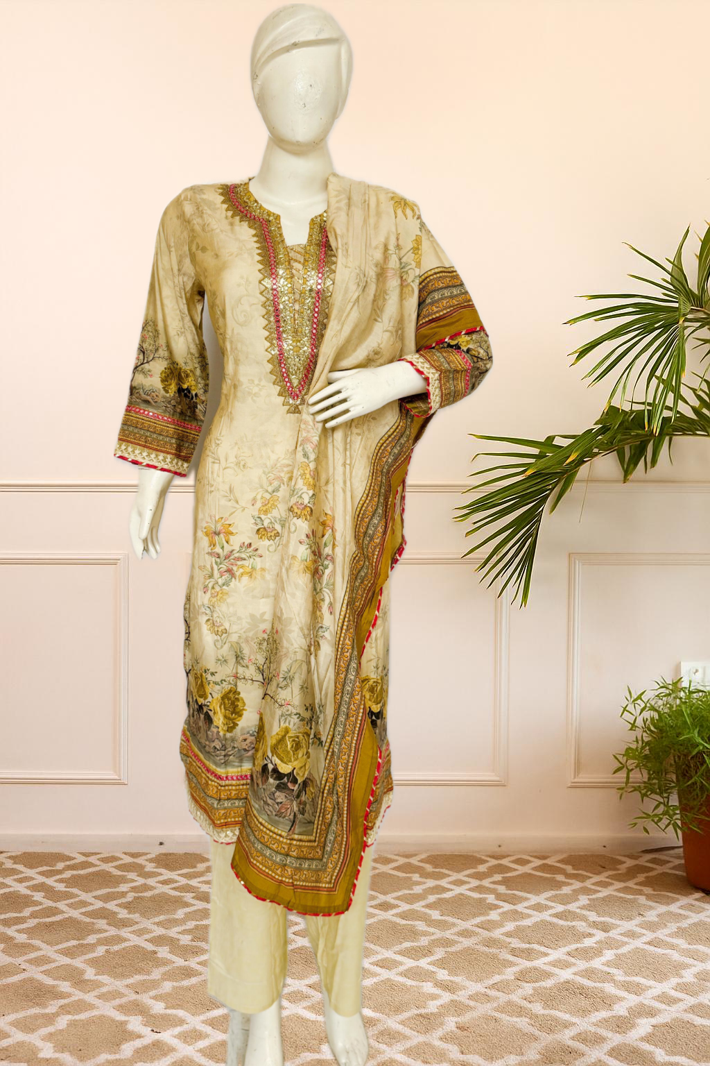 Beige Floral Fully Stitched Suit Set with Printed Dupatta