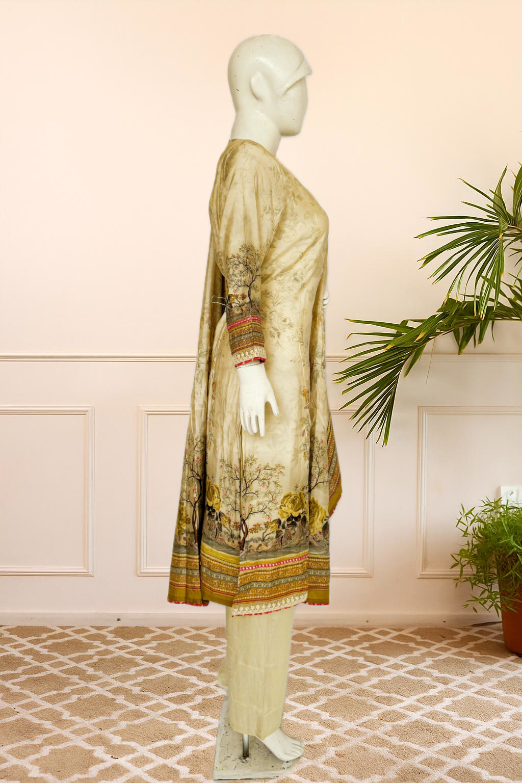 Beige Floral Fully Stitched Suit Set with Printed Dupatta