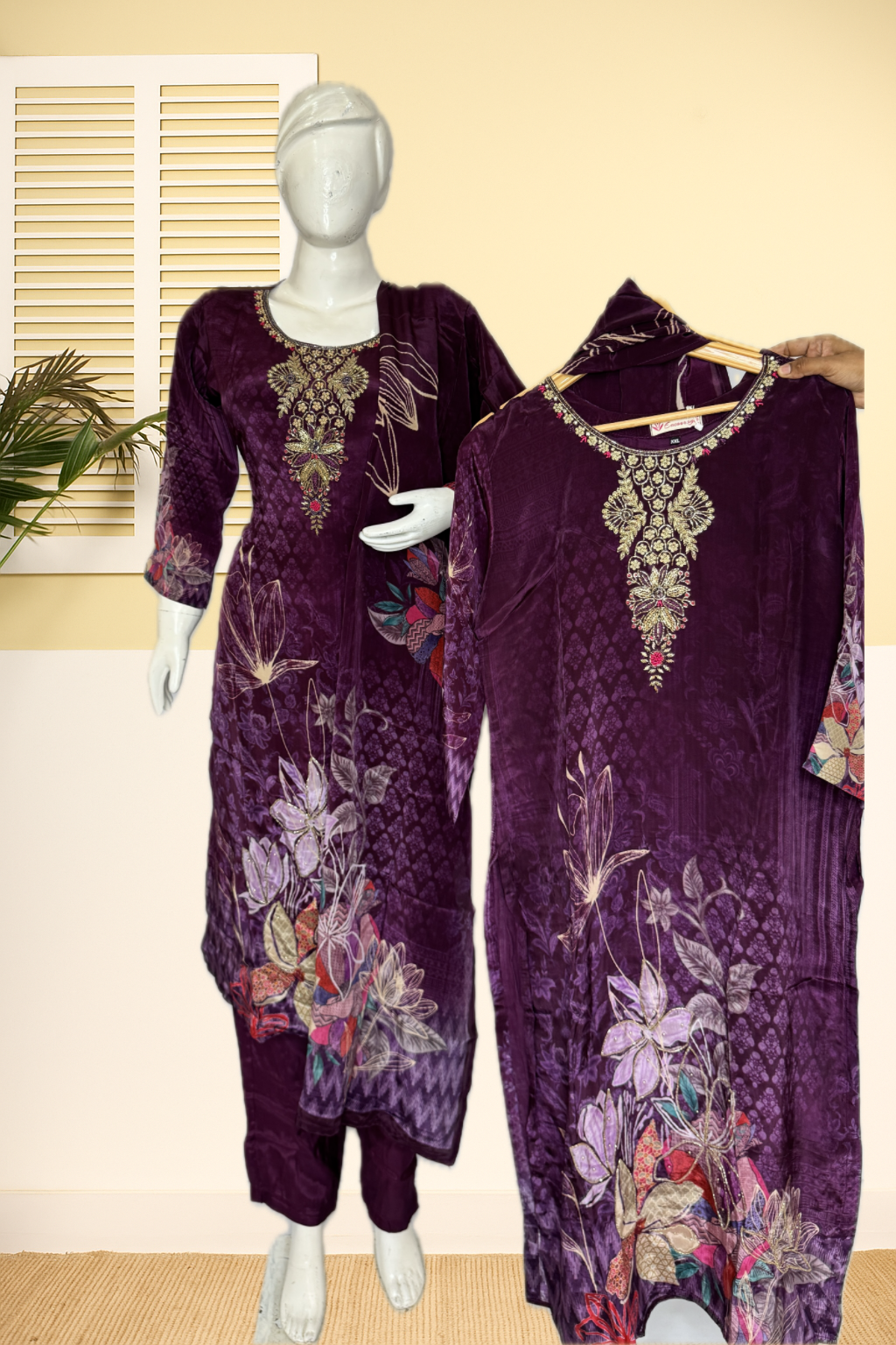 Royal Dark Purple Velvet Touch Suit Set with Heavy Neck Embroidery & Floral Daman