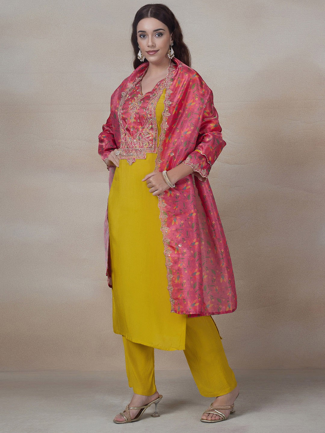 Yellow Embroidered Cotton Suit Set with Red Organza Dupatta