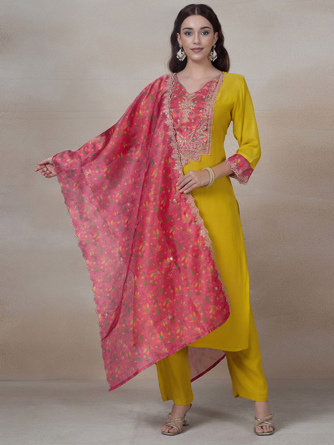 Yellow Embroidered Cotton Suit Set with Red Organza Dupatta