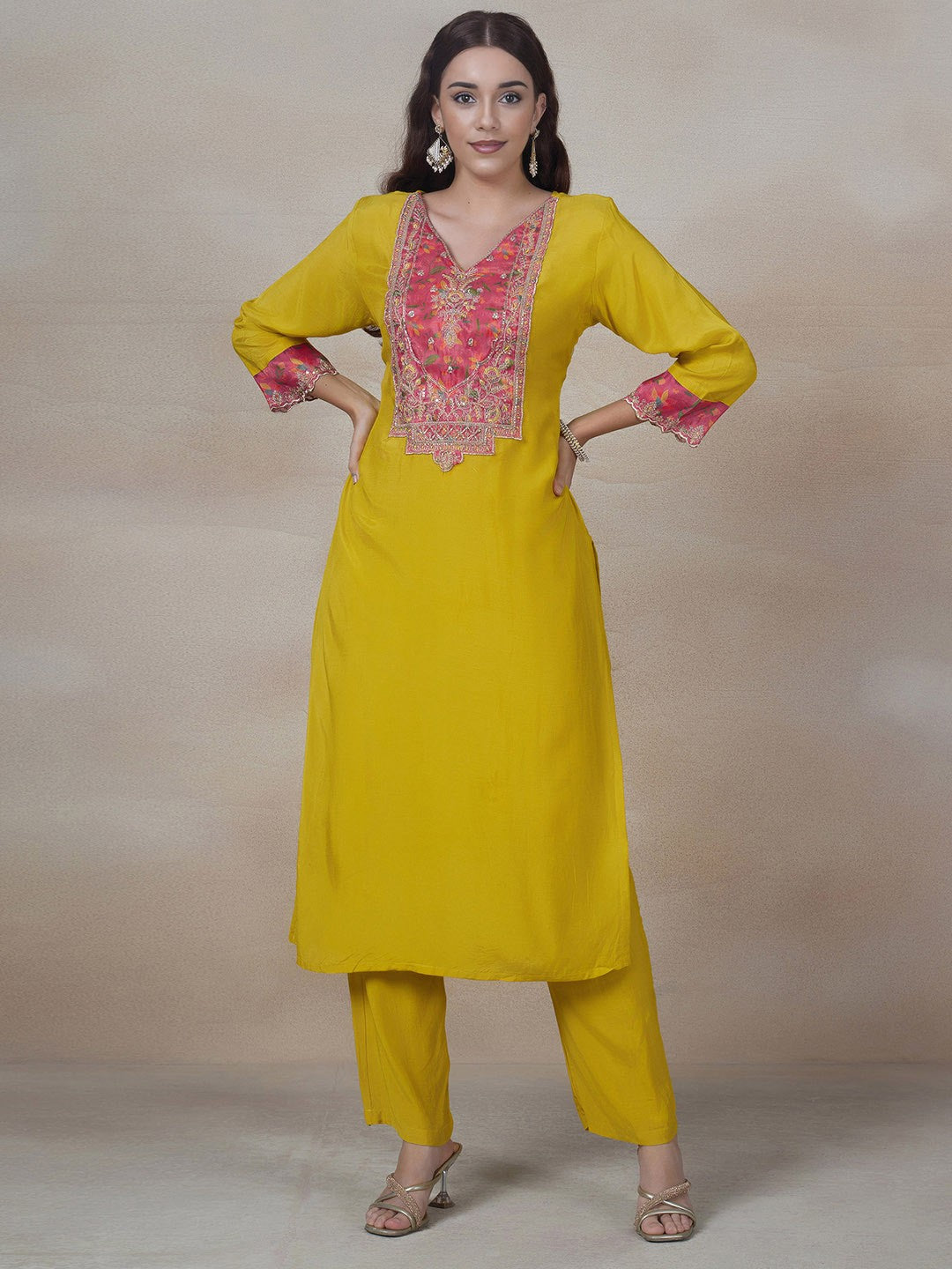 Yellow Embroidered Cotton Suit Set with Red Organza Dupatta