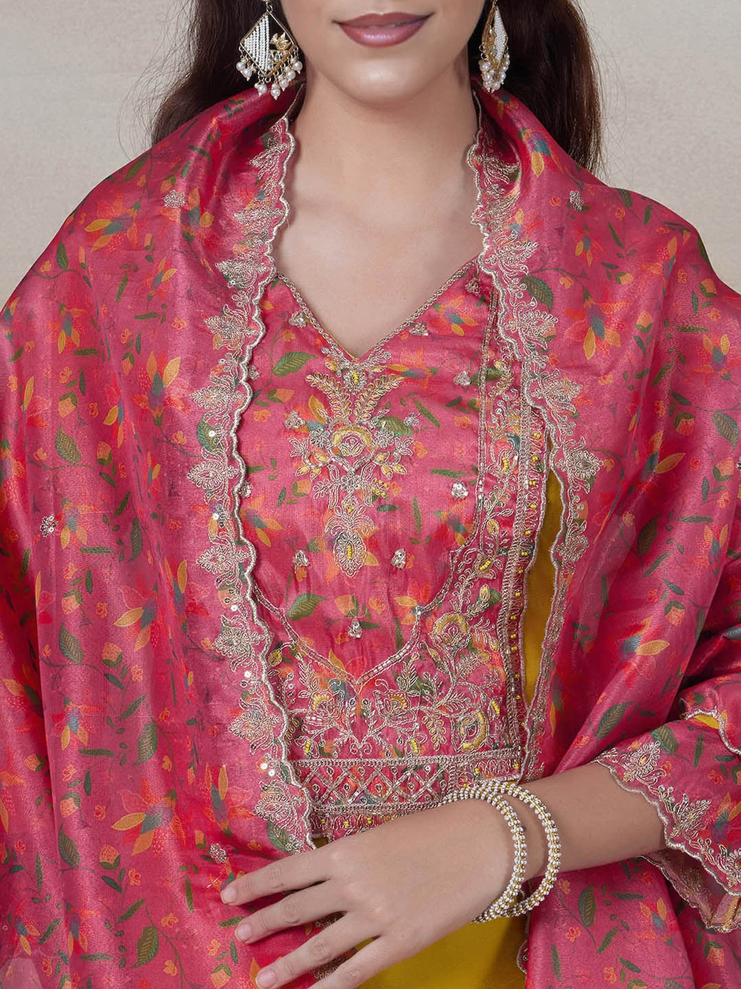 Yellow Embroidered Cotton Suit Set with Red Organza Dupatta