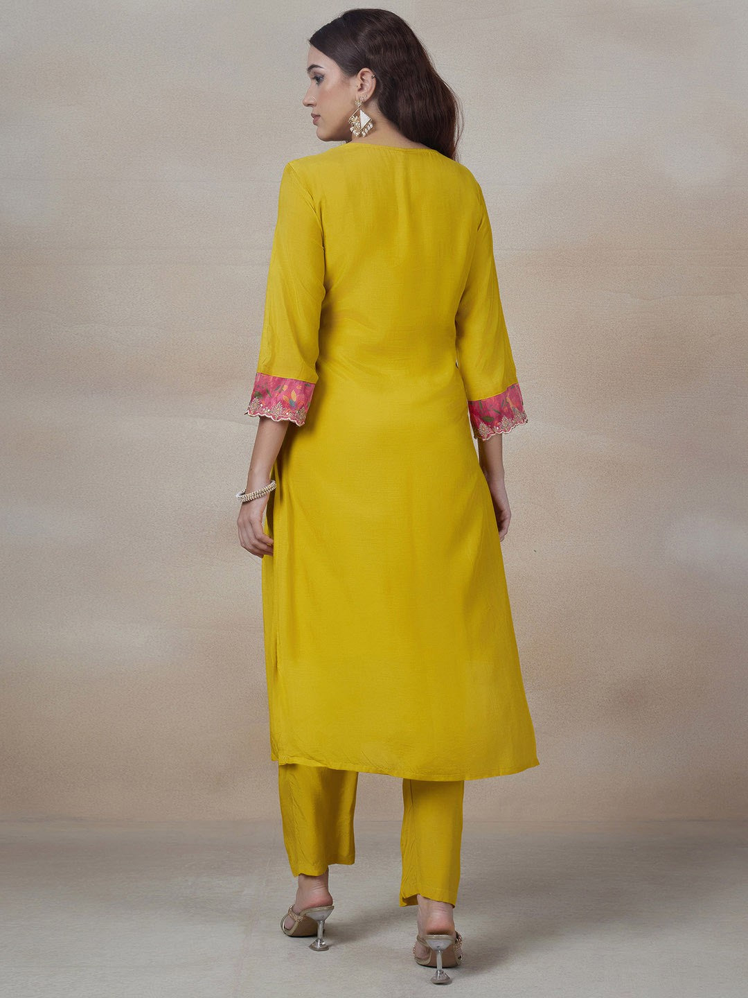 Yellow Embroidered Cotton Suit Set with Red Organza Dupatta