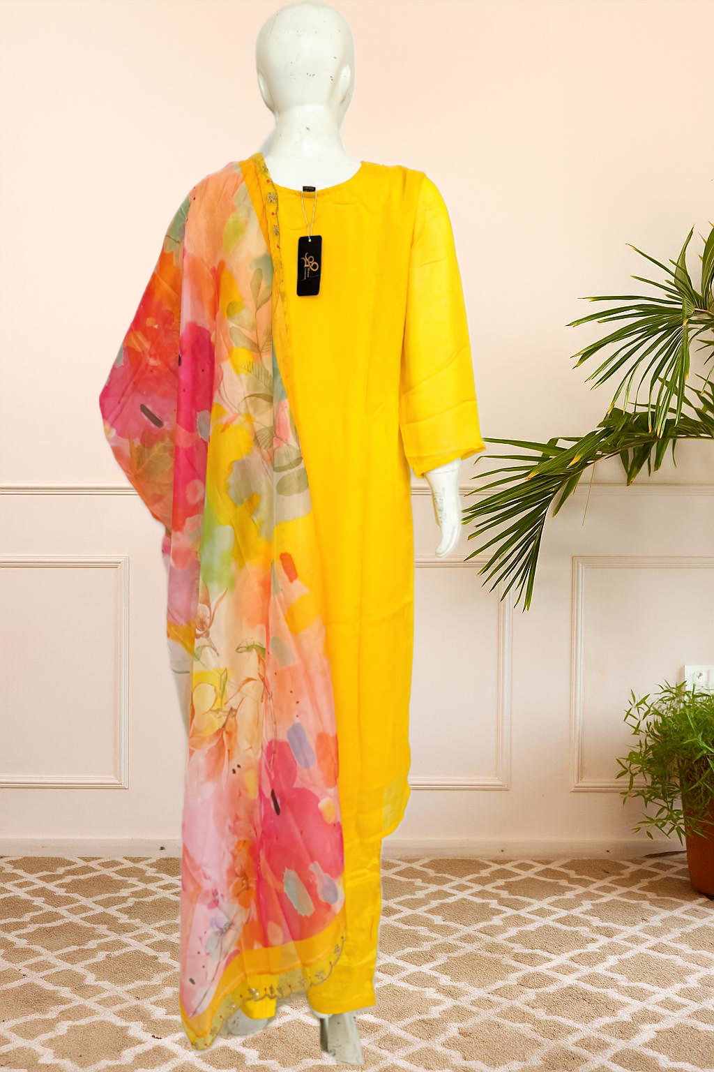 Yellow Embroidered Cotton Suit Set with Pink Organza Dupatta