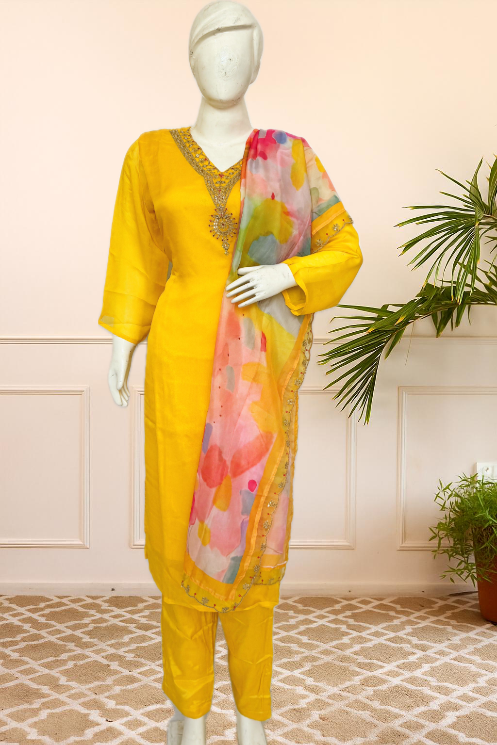 Yellow Embroidered Cotton Suit Set with Pink Organza Dupatta