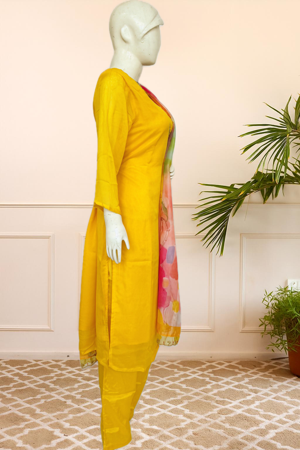 Yellow Embroidered Cotton Suit Set with Pink Organza Dupatta